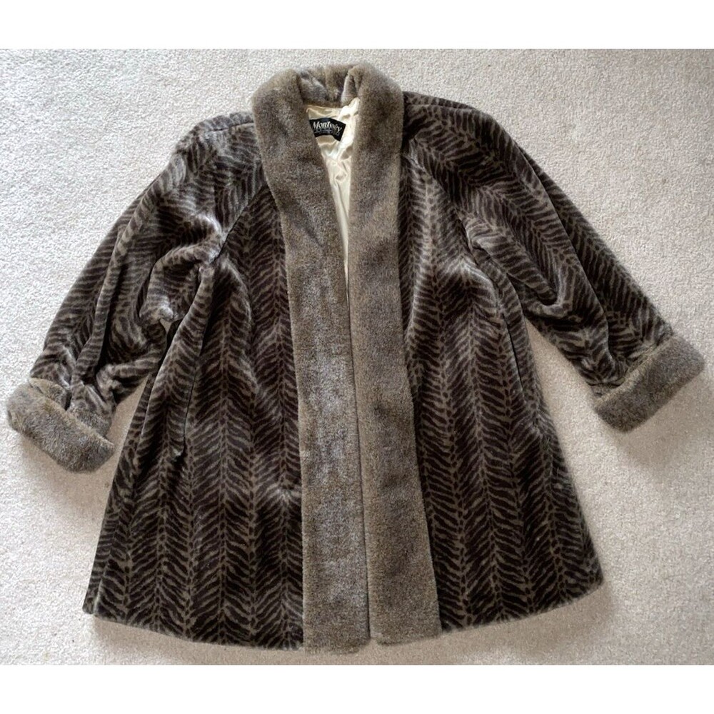 Vintage Monterey Fashions Faux Fur Animal Print Chevron Women's Coat XL USA